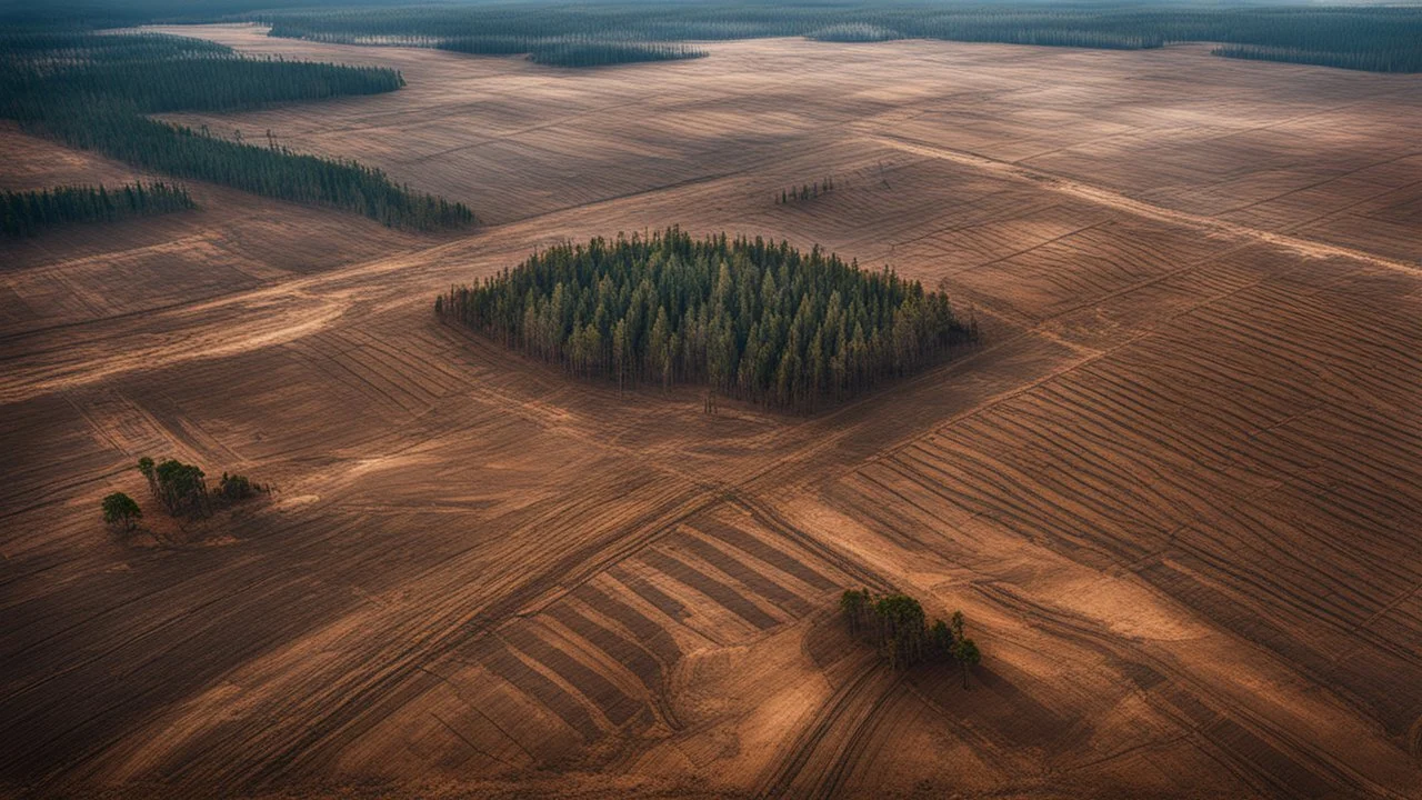 Climate emergency. Aerial view of a deforested area, with only a few scattered tree stumps remaining amidst the barren, exposed soil. Heavy machinery stands idle, and the surrounding forest appears dense and untouched, contrasting sharply with the cleared land. Beautiful award-winning photograph, shocking, rule of thirds, balanced delightful composition, perfect lighting, superb detail, 16k render