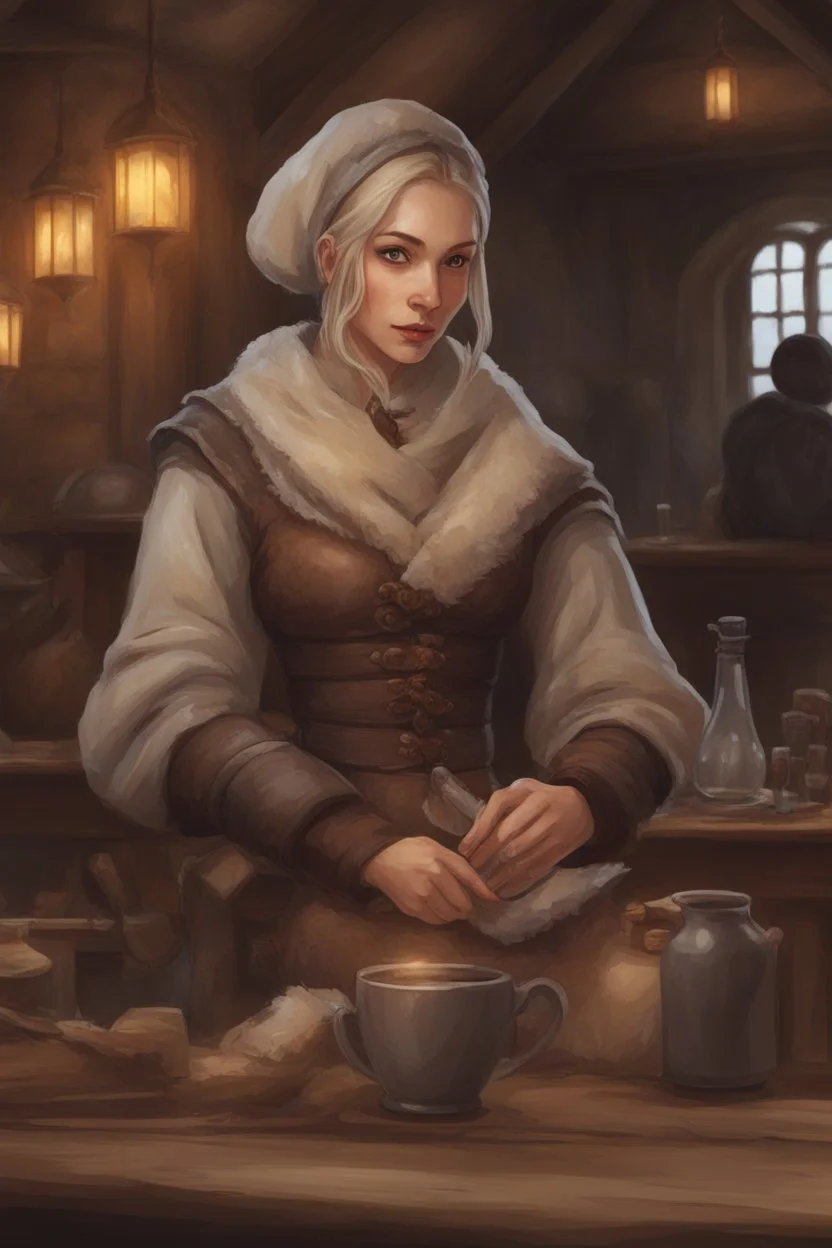 DnD style, medieval beautiful woman dressed in warm winter clothes sitting in a tavern