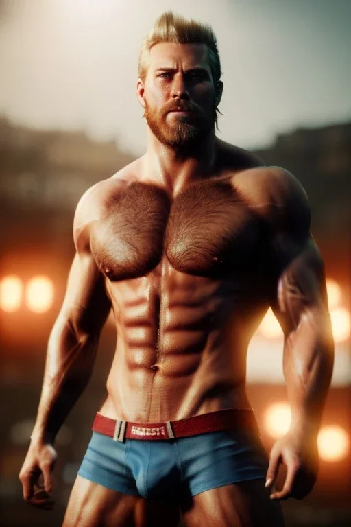 Ignore NSFW, teenager young rugged attractive slightly muscular fantasticly handsome blonde man, red briefs with yellow belt, hairy chest, (((visibly pisssing))) briefs, large erect visible boner peniss, photorealistic, artist Jay Anacleto, soft lighting, scruffy beard