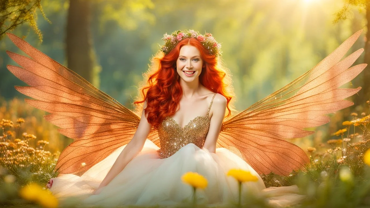 A gorgeous smiling red head model in a fairy outfit with great glittering wings in a hills of flowers with 1000 y/o trees, a small torrent, loads of mini flowers, moss, sun rays through the branches, particles in the air at spring