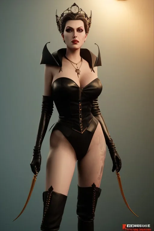 Lana Turner as evil queen in black leather, leather, busty, cleavage, angry, stern look. character design by cory loftis, fenghua zhong, ryohei hase, ismail inceoglu and ruan jia. unreal engine 5, artistic lighting, highly detailed, photorealistic, fantasy