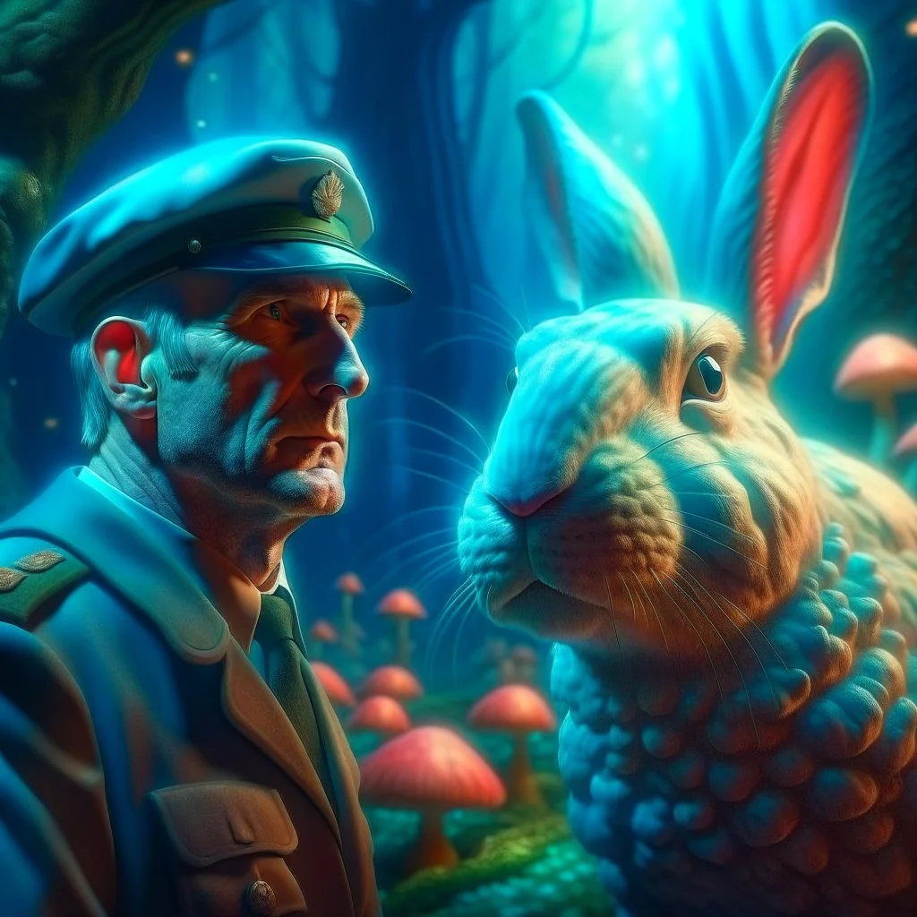 portrait of macho gestapo army officer staring inside glowing mushroom grove with huge fluffy space rabbit, 4 k, down-light, soft light, depth of field, photo realism, trending on art station, high detail, spray paint