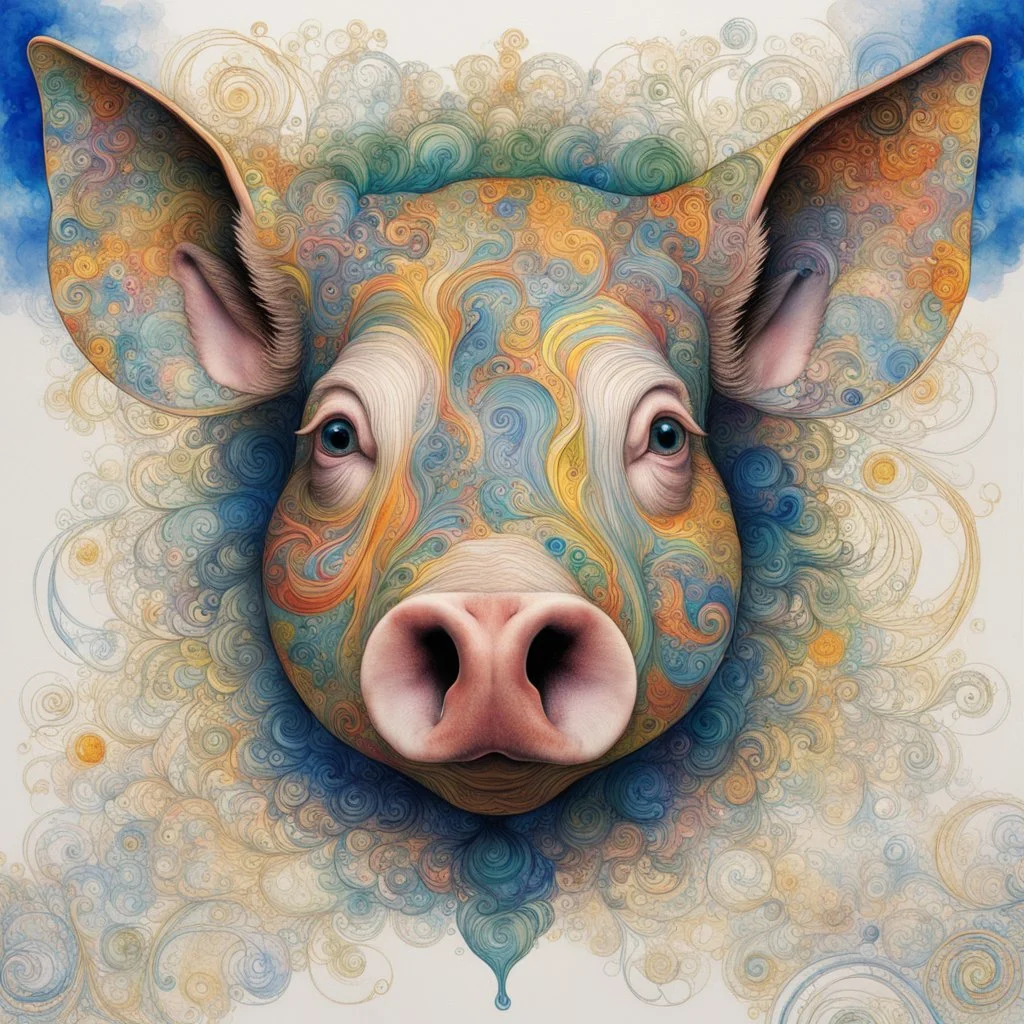 Leonardo Da Vinci's stunning psychedelic masterpiece of a fascinating pig head with extraordinary eyes and elongated ears, with colorful ink, shows Leonardo's style. Adorned with intricate swirls, dots and patterns on white background. Vibrant blue, green, gold, silver, amber, warm yellow and platinum layer recalls the colors of Gustav Klimt. Delicate pencil-like lines create timeless hand-drawn quality. The pig's face is central focus, vector style, preserving the essence of hand-drawn work