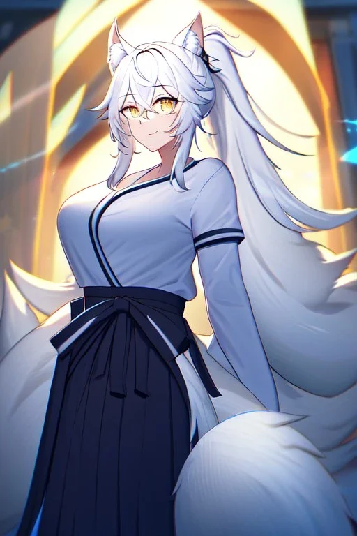 fox girl, masterpiece, best quality, cinematic lighting, detailed outfit, vibrant colors, perfect eyes, golden eyes, long hair, white hair, messy hair, hair between eyes, depth of field, ray tracing, ponytail, hakama, tails,