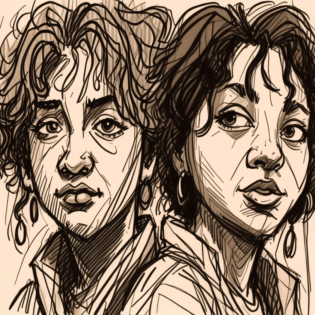 a drawing of two women's sketched on paper, in the style of quirky expressions, rusticcore, chiaroscuro sketches, yosuke ueno, rough clusters, close up, comical caricatures