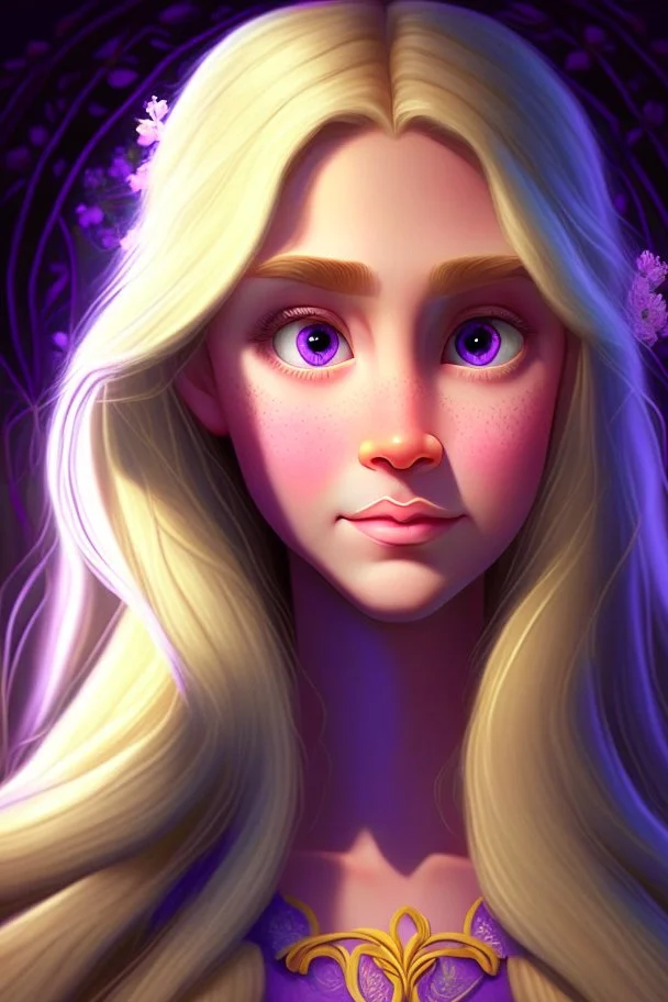 Princess Rapunzel with a very beautiful and symmetrical face, with a charming look, with lighting, with flowering hair and a luminous face