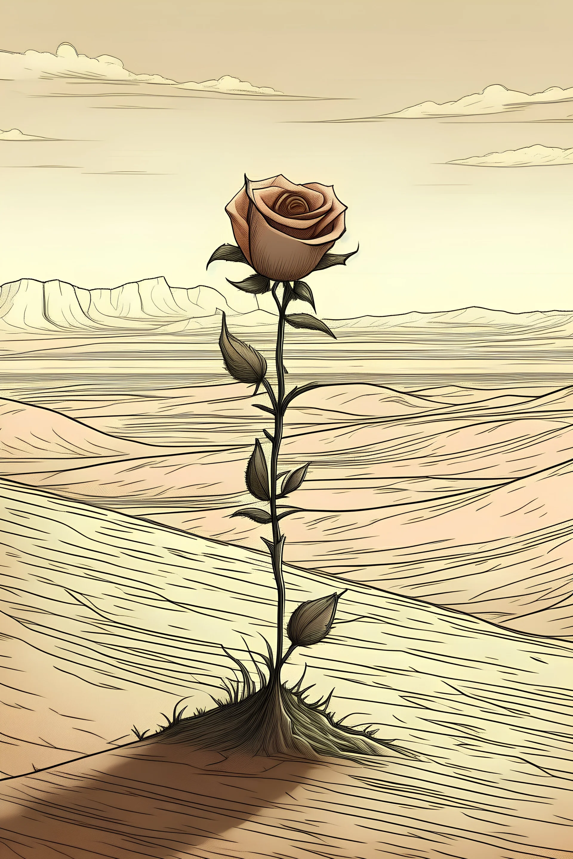 A drawing of a rose in the middle of a barren dessert