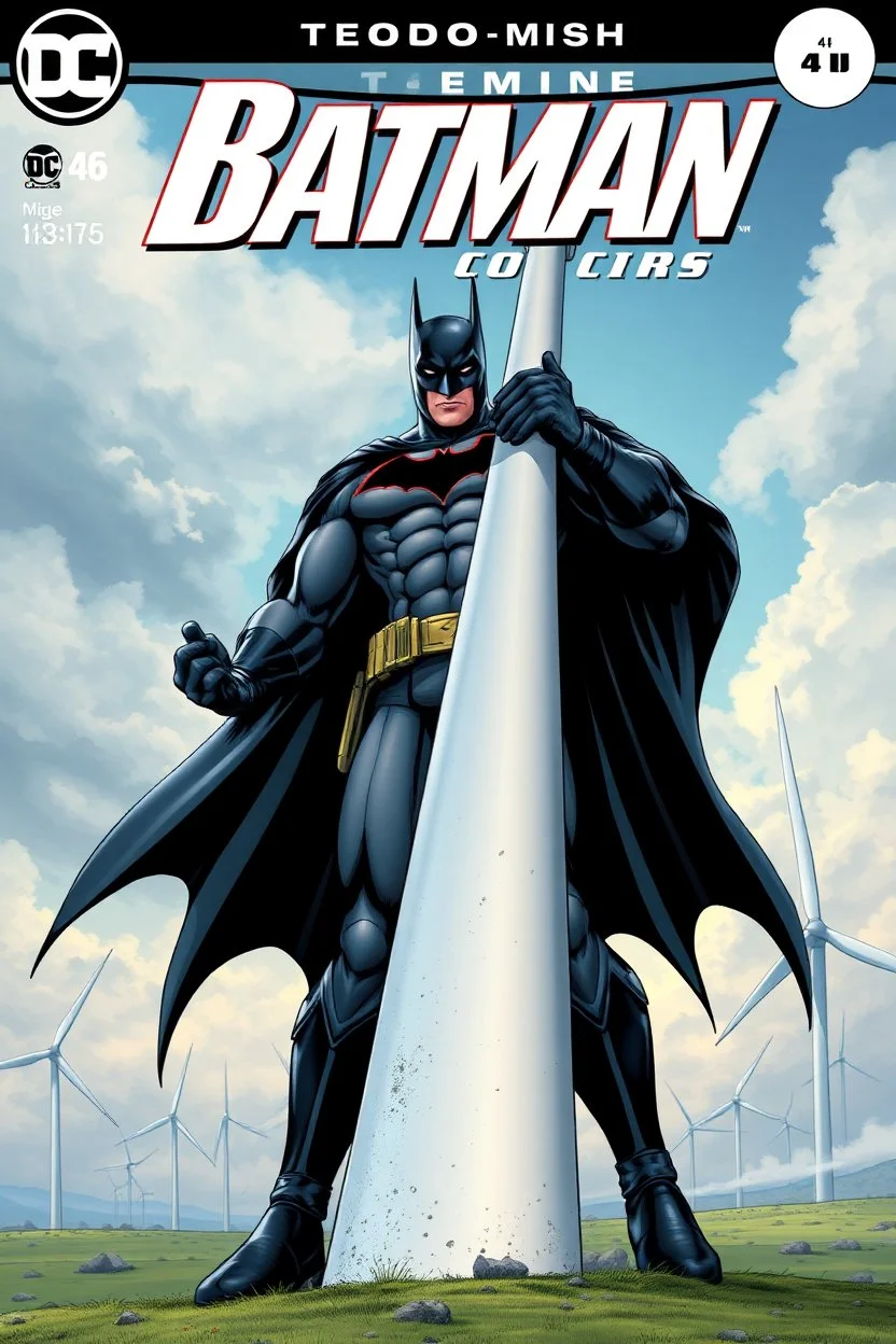 dc comics cover, giant batman holding an entire wind turbine, wind farm in the background, very high quality, highly detailed, 4k