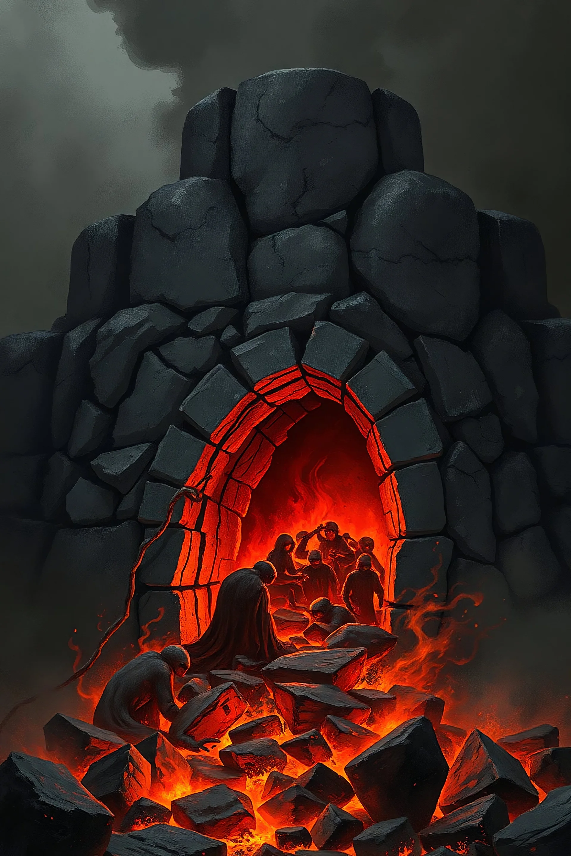 (the furnace) a very dark gray furnace with souls coming out. as it stranded on brimstone and made of brimstone