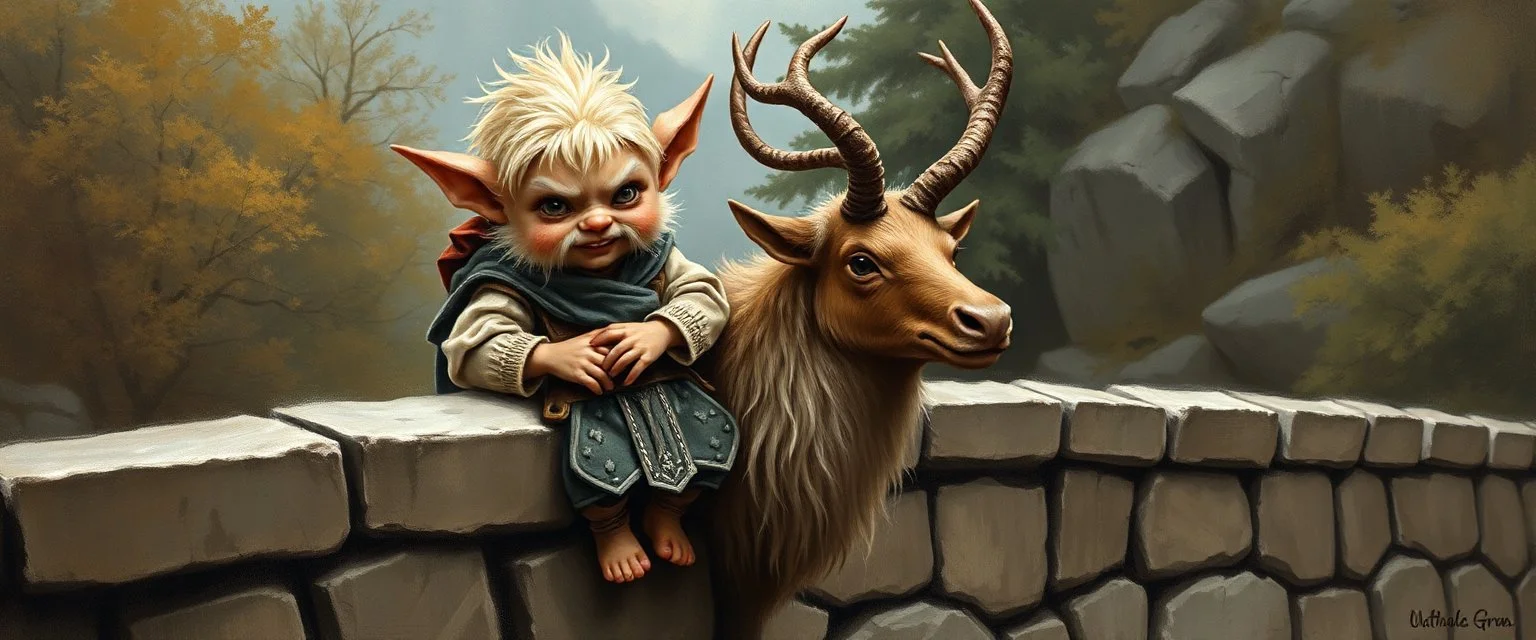 postcard, a blonde fluffy gnome quickling kobold gremlin that looks like the opposite of a vampire in bunad leaning on an elk, holding his horns, all on a stone bridge, in the style of master painter