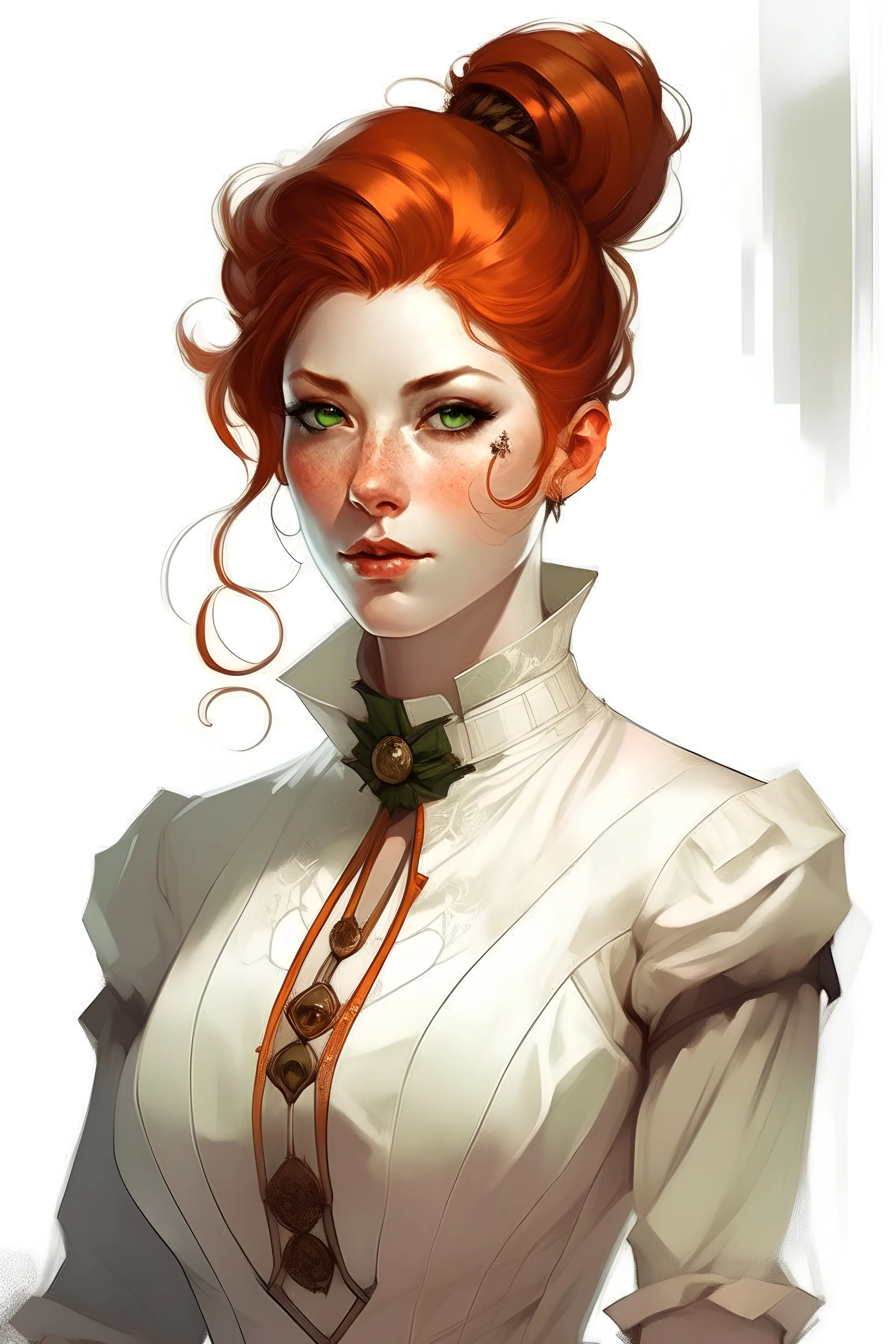 Digital art portrait of a pale British aristocrat woman with copper hair pinned, wearing a loose white blouse and corset, in steampunk style.