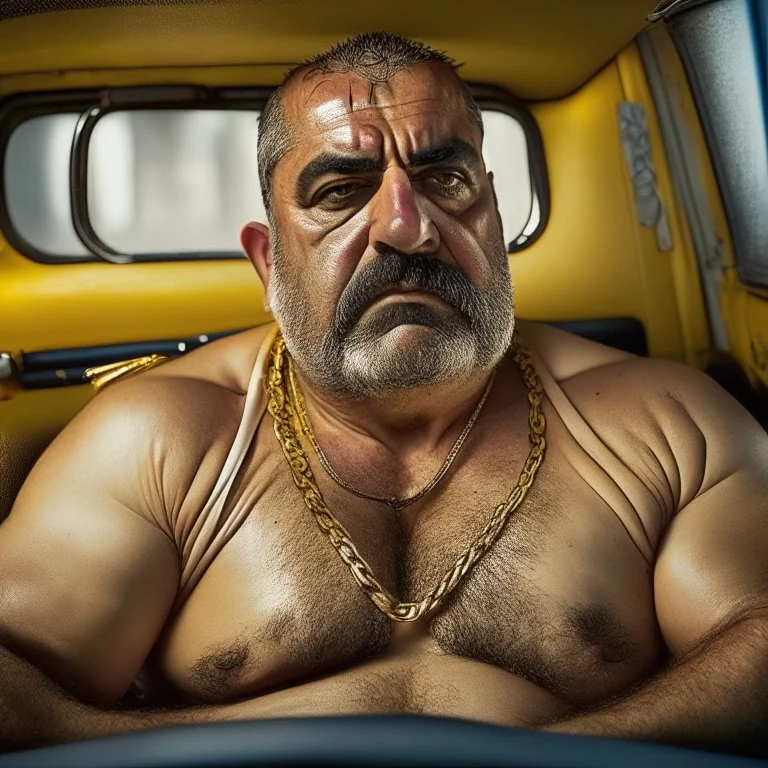 full body shot photography of an Italian sicilian taxi driver burly ugly sitting in the taxi, chubby tired 45 years old driving shirtless, bullneck, thin gold chains, short beard, sweat, short hair, bulge, robust, manly chest, looking down, big shoulders,, photorealistic, side light, ambient occlusion, tired eyes. 35mm lens, internal view inside the Taxi