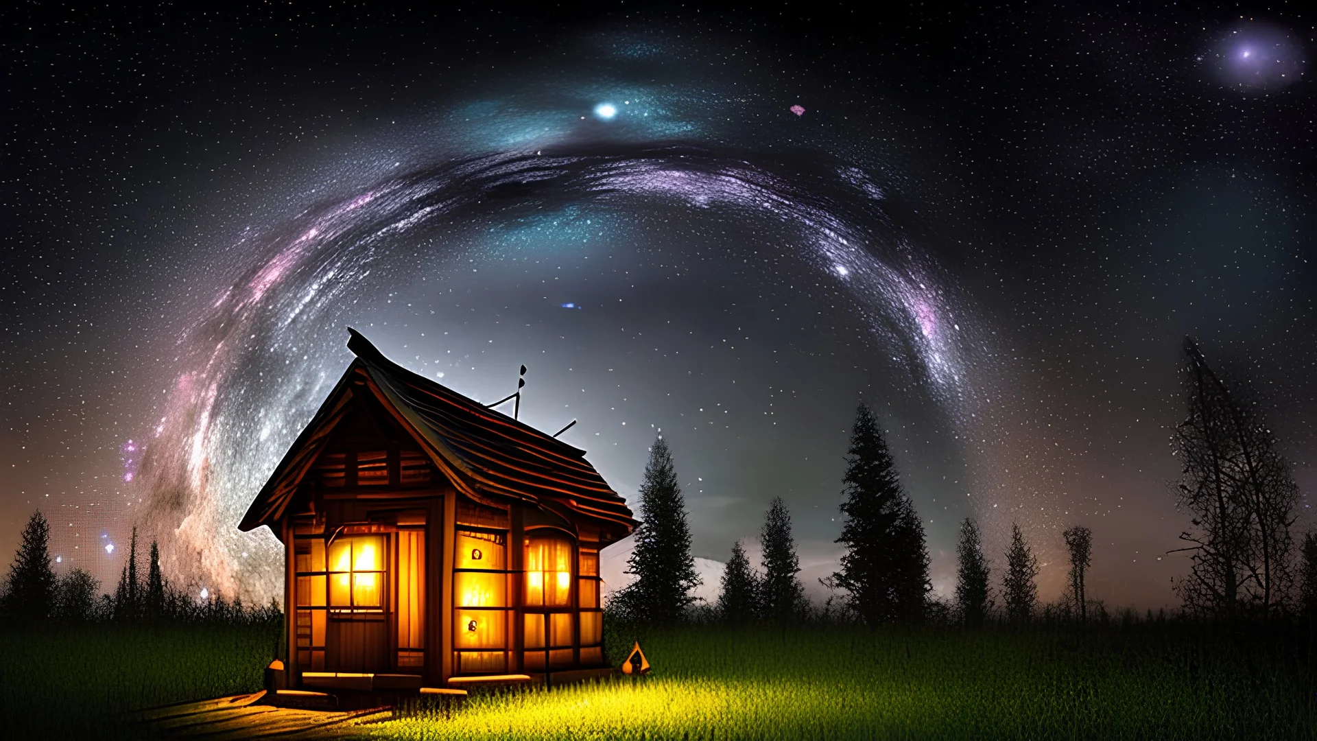 wooden hut lit by a lantern, countryside, beautiful starry sky above