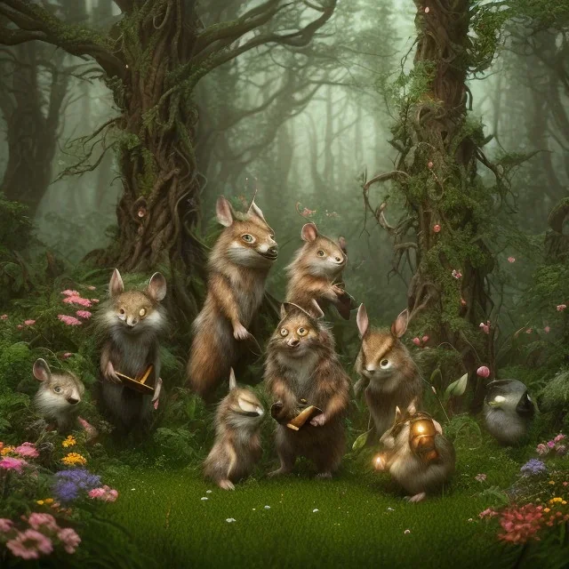 woodland animals standing around a black-robed, hooded sorcerer in a beautiful forest, trees and flowers, 8k resolution, high-quality, fine-detail, iridescent, intricate, digital art, detailed matte, volumetric lighting, beautiful, illustration, 3D octane render, margaret weiss, brian froud, howard lyon, selina french, anna dittmann, annie stokes, lisa parker, greg rutowski,