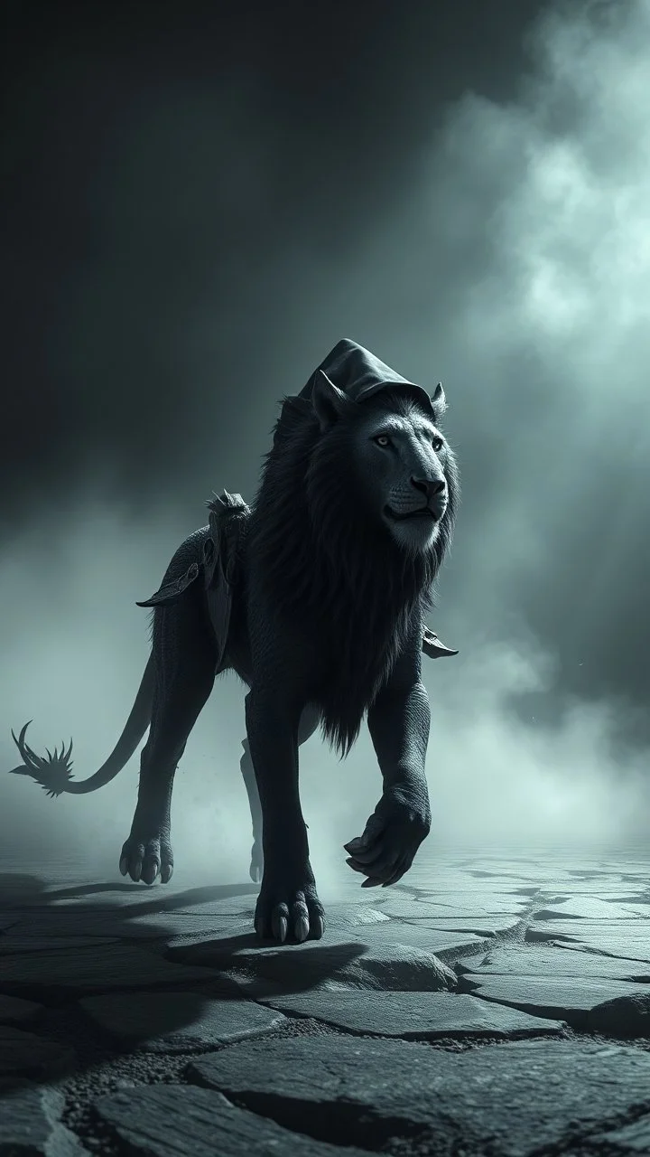 A black hooded creature riding on a hyper details texturing of fullbody the skin realistic textures skin a lion .bcomplex details, extremely, ultra rendering, it is standing admist darkness realms floors
