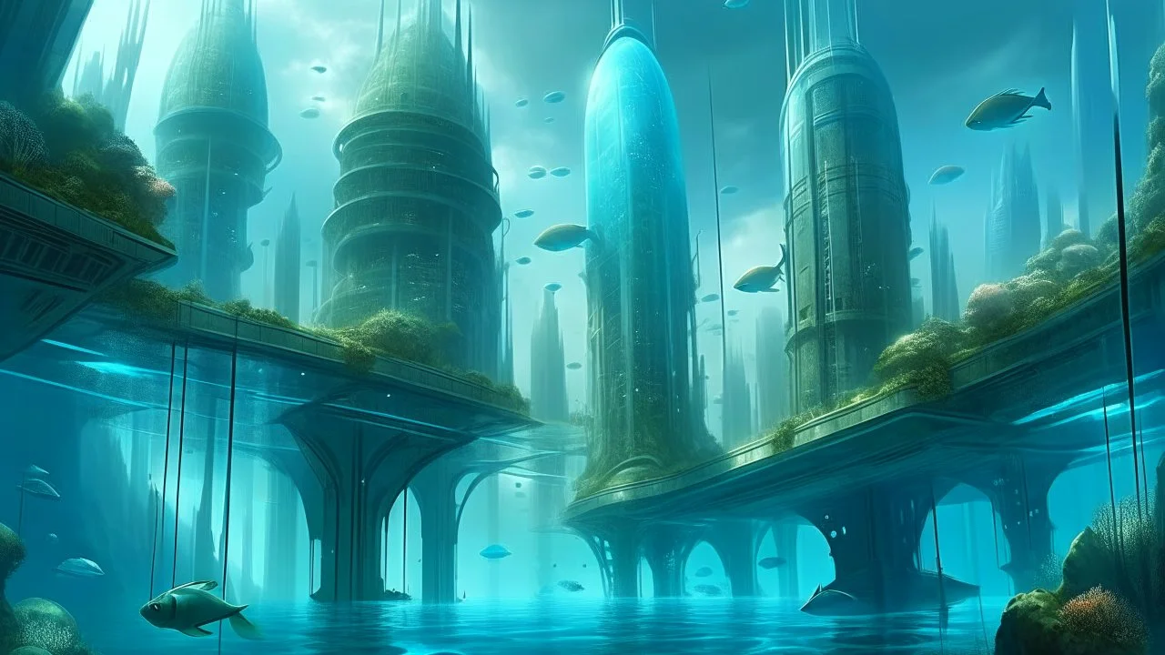 A digital illustration showcasing a futuristic underwater city with sleek, metallic buildings and transparent domes revealing bustling marine life