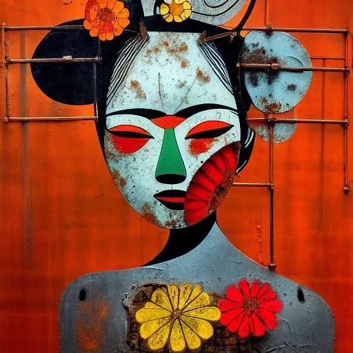 an abstract painting of rusted metal and flowers, Geisha portrait, rust, scaffolding, iron cladding, decay, mixed media, textured, anatomically correct, beautiful perfect face, sharp focus, highly detailed by Joan miro 8k