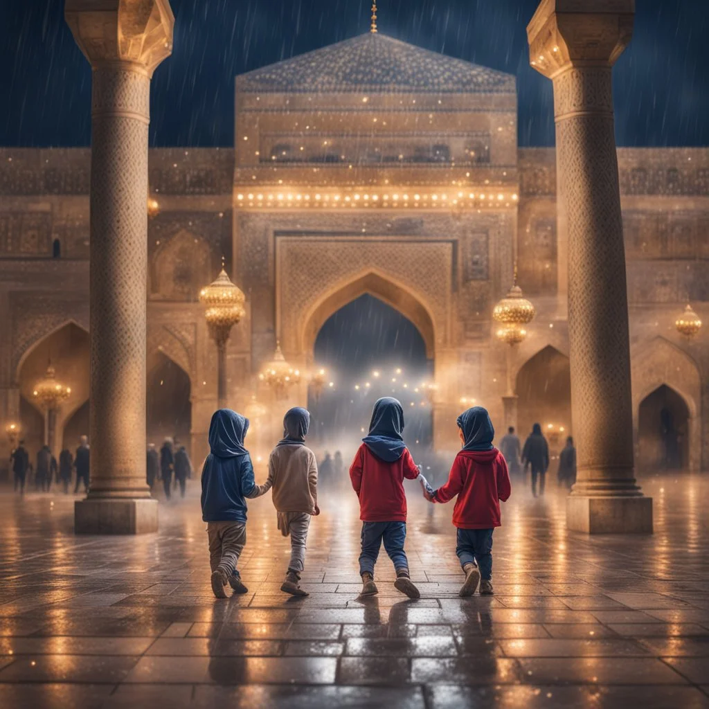 Hyper Realistic Children playing in Al-Aqsa Mosque with garland lights decorations at Rainy Night