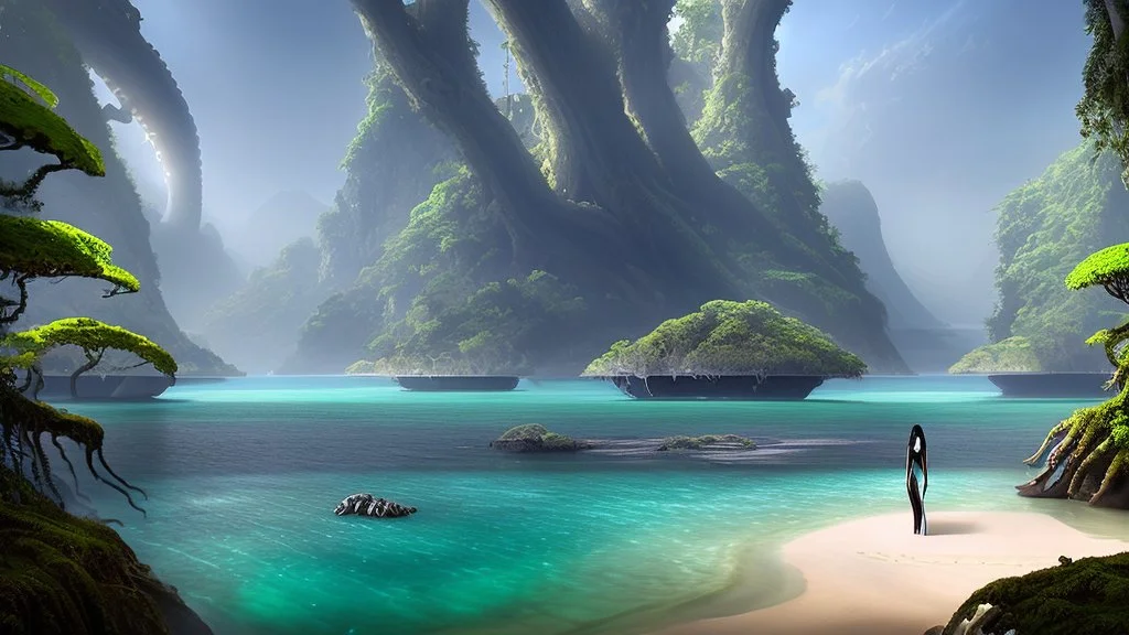 Detailed matte painting of a wide-angle shot of a woman, standing on the left side of the shot, with dark hair in a silver robotic catsuit, many large floating jellyfish with octopus tentacles, alien jungle trees in the distance, with an alien beach and lake