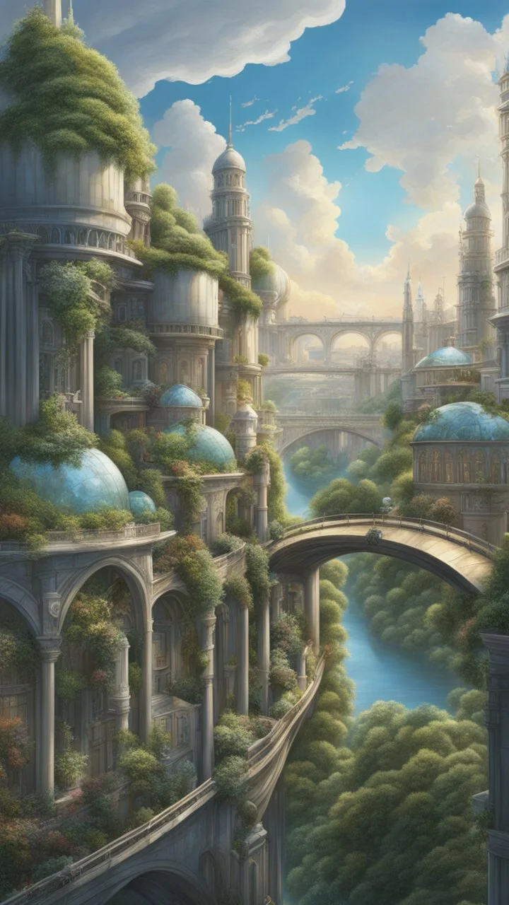 A futuristic alien city, with balconies, verandas, many arches, bridges, spires, paths, trees, dense foliage, Spanish moss, ivy, river, blue sky, white clouds.industry revolution new age, new-age theme, hyper realistic city with galaxy sky .beautiful Goddess of Healing and Well-being