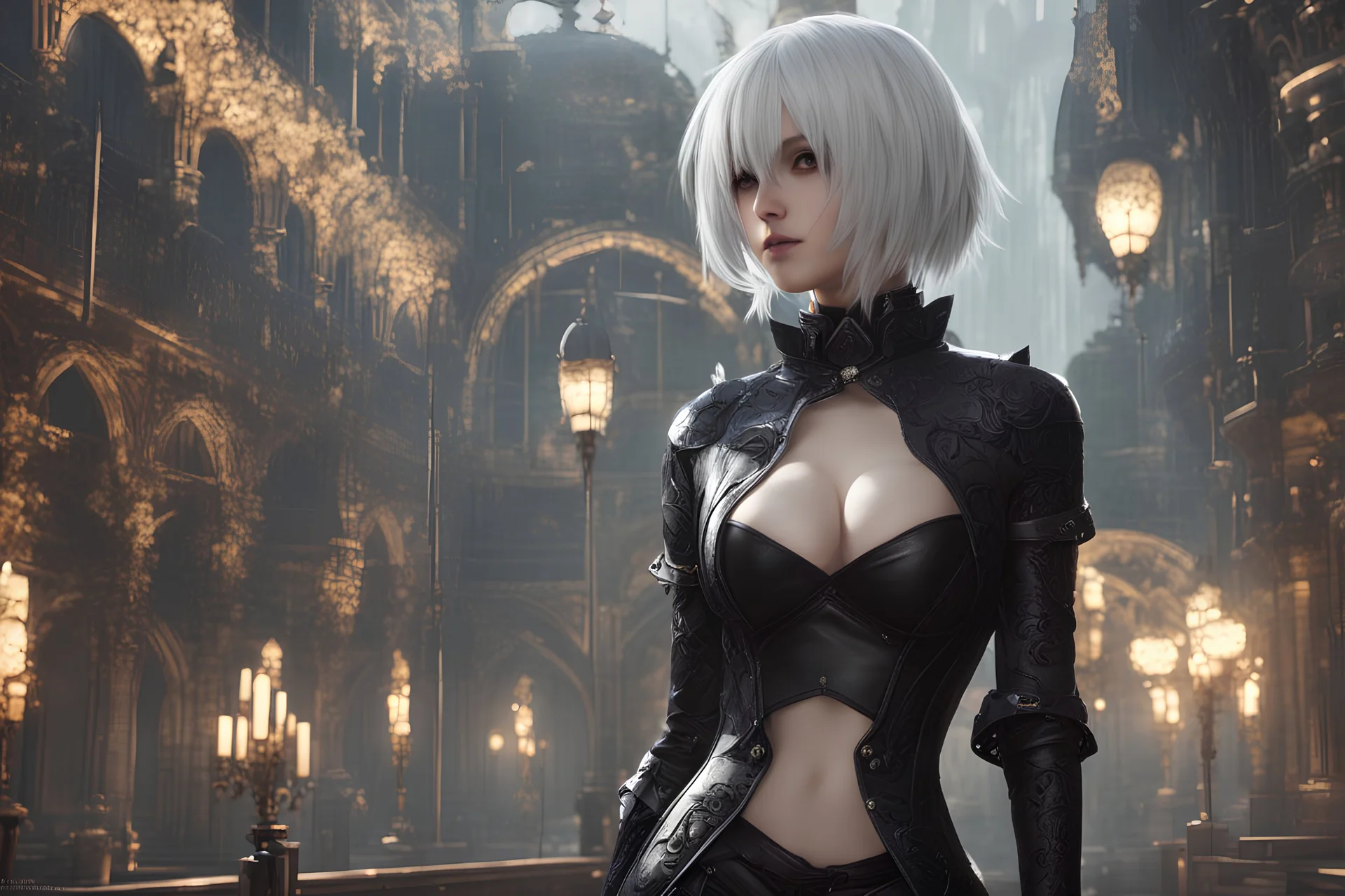 Hot 2B with bask in 8k nier automata artstyle, 2B them, 2B Custom, close picture, rain, fantasy world, intricate details, highly detailed, high details, detailed portrait, masterpiece,ultra detailed, ultra quality