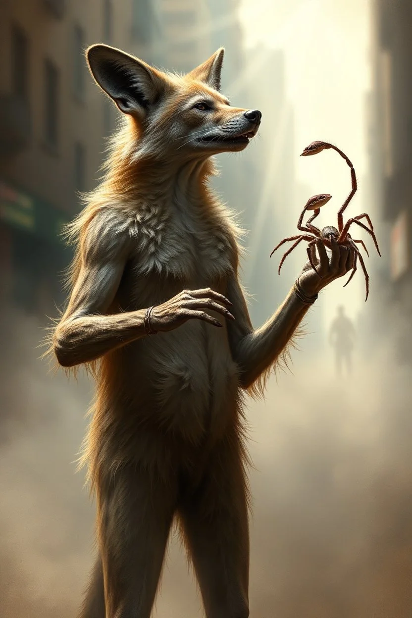 aardwolf man snake spider juggling, painting by Rembrandt, with motion blur city background, and volume light fog with sunlight rays