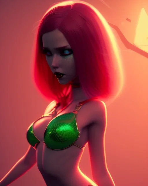 isometric art of a short Succubi girl with blood red hair and green eyes, deep lighting, dark pastel gradients, high definition, 3d icon clay render, blender 3d