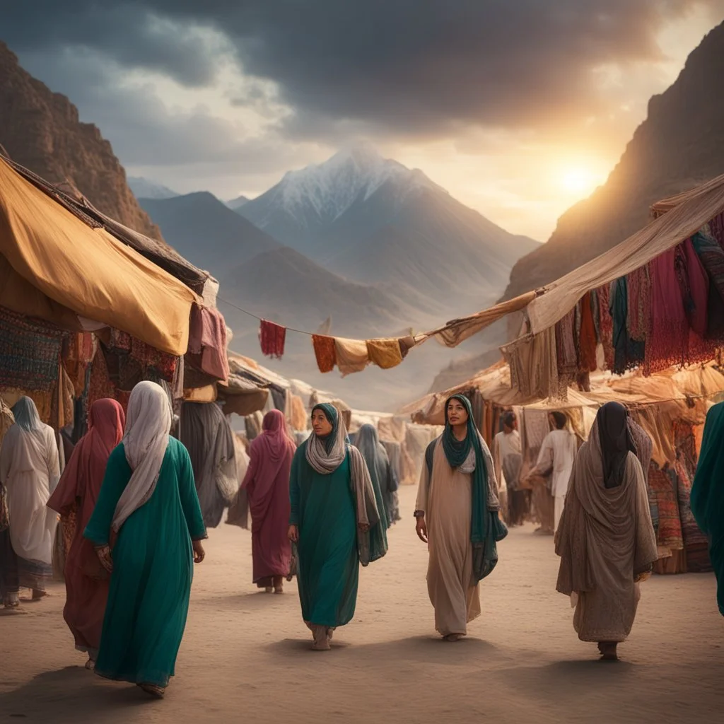 Hyper Realistic Photographic-Low-view of some-Pashto-Young-Women happily walking in a Traditional-Pakistani-Market-with-lots-of-people-with-cloths-hanging & beautiful-Mountains-&-cloudy-sunset-behind with dramatic & cinematic ambiance