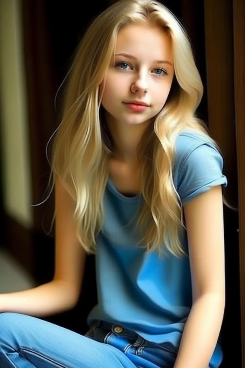 pretty girl, aged 14, blonde, conventionally attractive, dreamy, jeans, tight top