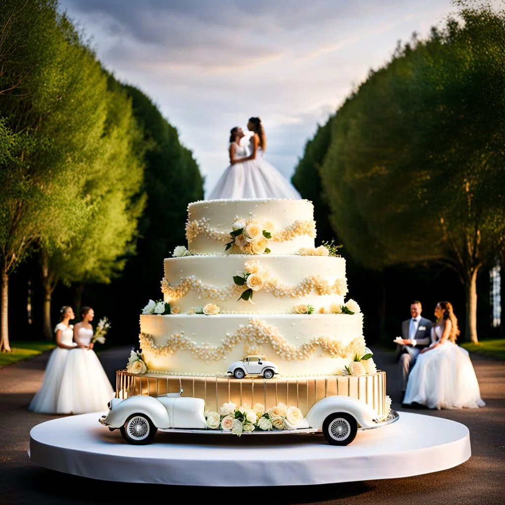 a big wedding cake with a roofless car over it and a small wedding couple sitting in car