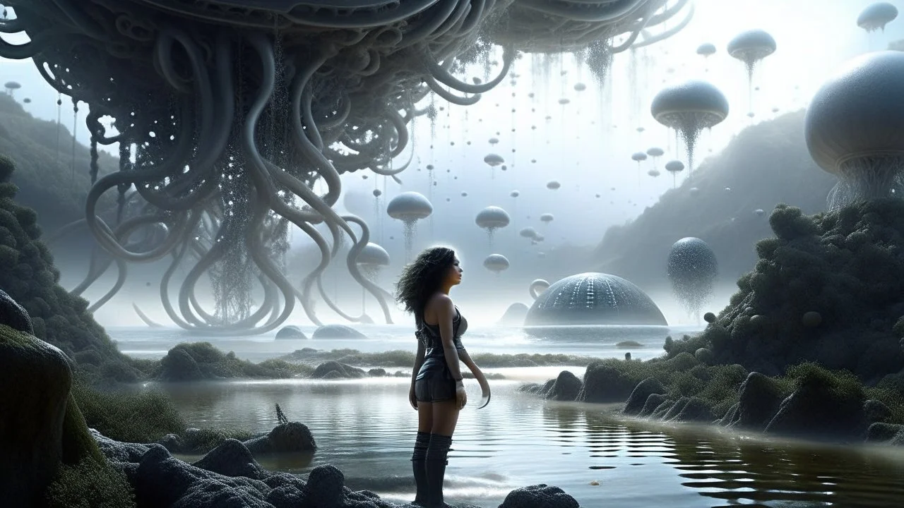 Detailed matte painting of a wide-angle shot of a woman, standing on the right side of an alien beach, with dark hair in a silver robotic catsuit, many large floating jellyfish with octopus tentacles, alien jungle trees in the distance