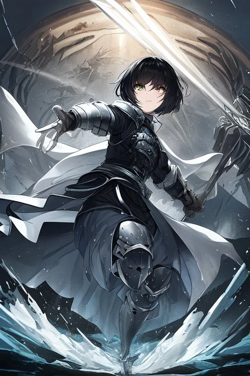 Anime girl with short black hair and sharp green eyes holding a sinister spear, full body black and white metal plate armour, full body shot, Dramatic lighting,1woman, soaked in blood,Warrior