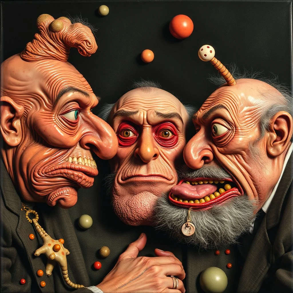 The oddest and funniest coagulation and mixture of friends, glossy finish, details very accentuated, stunning style, oniric, George Grosz, Max Ernst, hyperphotography, blatant, gross, very funny