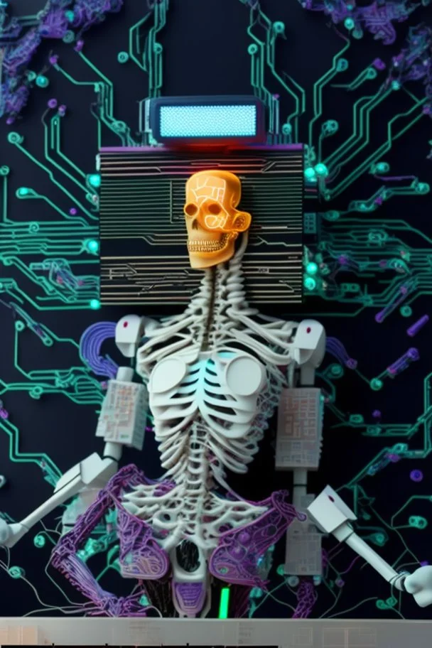 "AI Overlord" portrays a robot in front of a circuit board with the head being a television showing a talking head and the body being a skeleton dressed in a couture suit made from elaborately detailed quilling found in nature; neo-surrealism