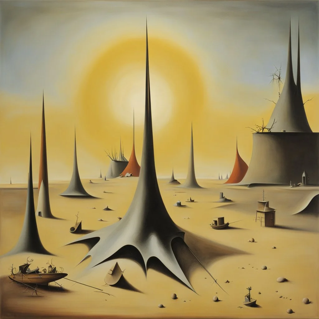 Odd objects in a wasteland, sun, Yves Tanguy