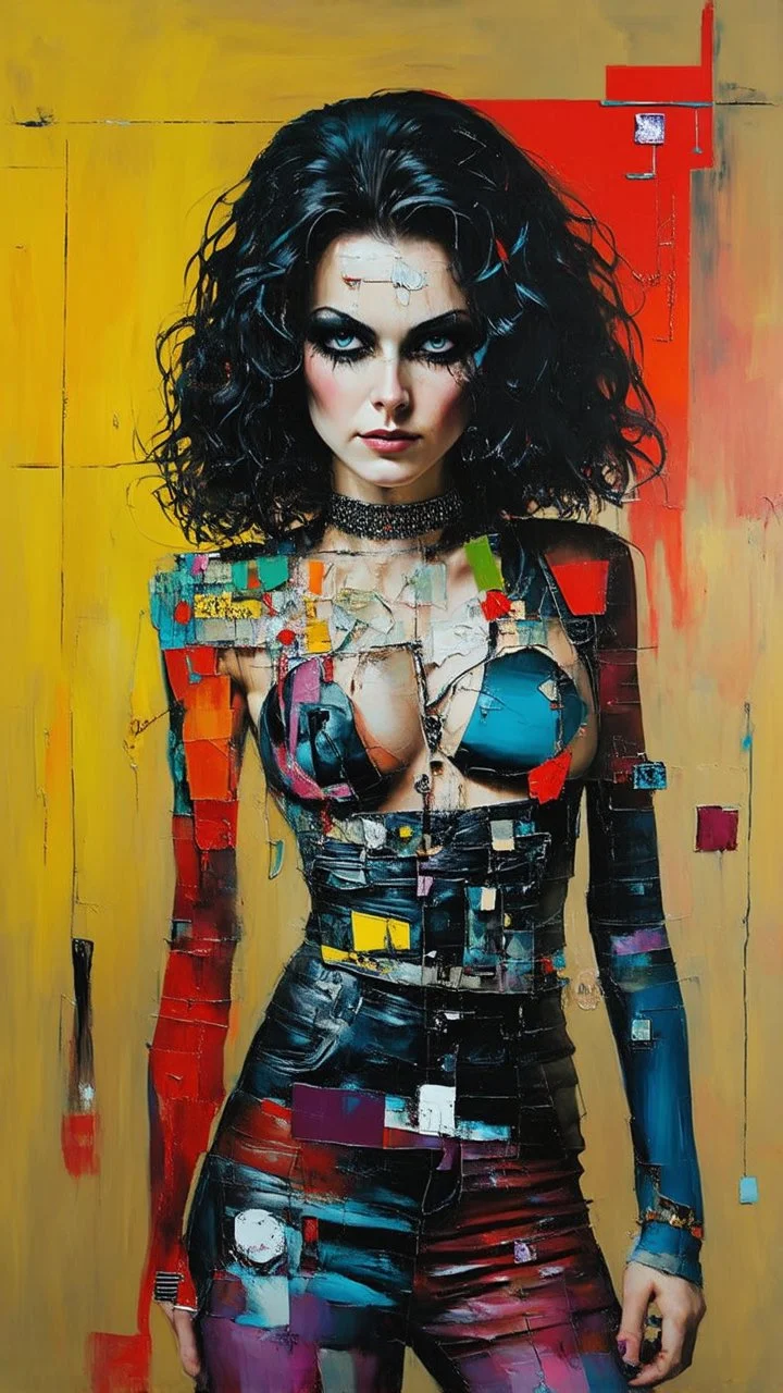 Abstract art, hand assembled, full body female goth rocker portrait from found objects collage, random textile textures, mixed media, Wassily Kandinsky, Jerry Uelsmann, Paul Klee, double color exposure, surreal, otherworldly, dark noir, atmospheric, decayed, sorrowful, forlorn