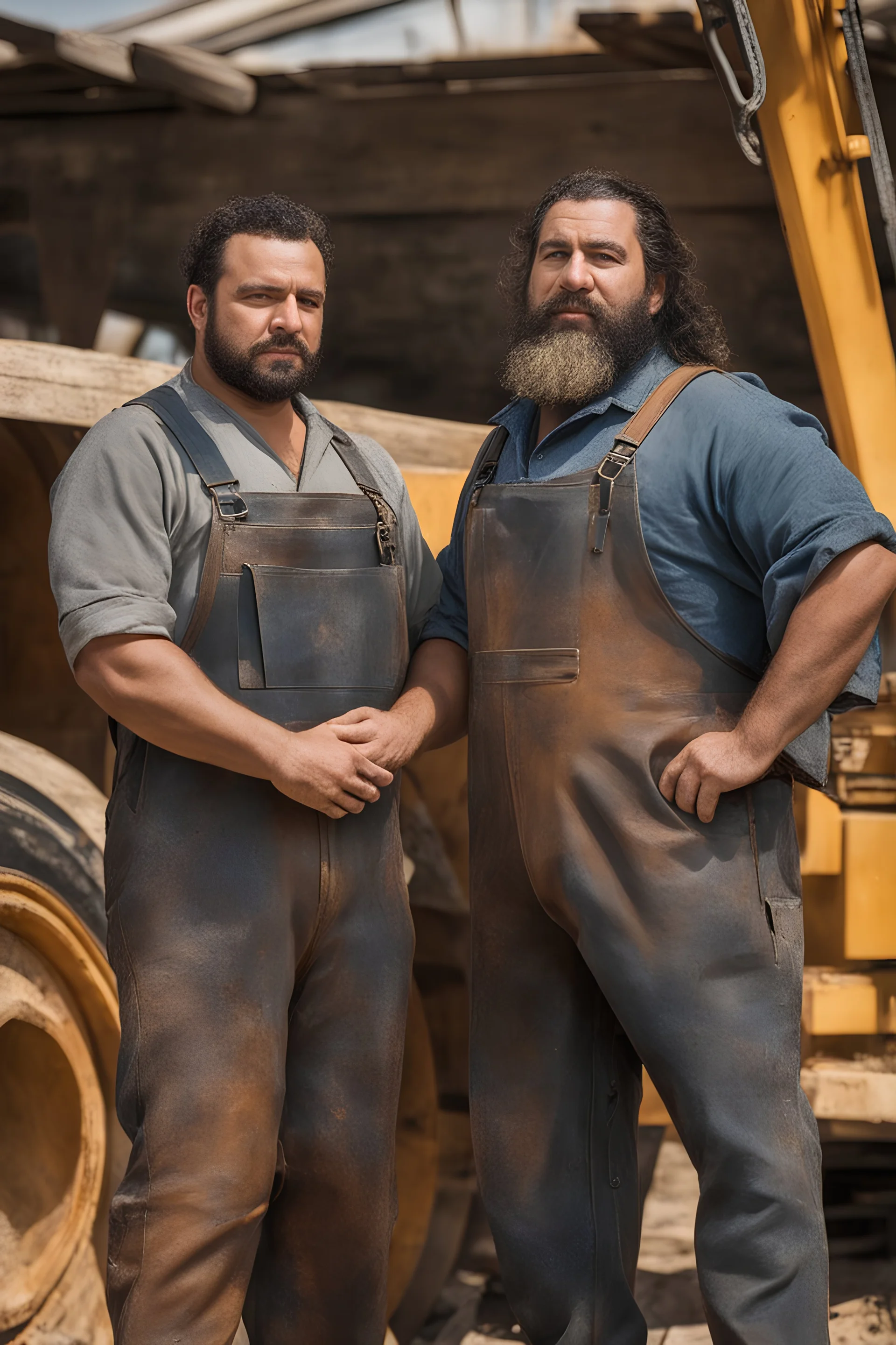 half figure shot photography of TWO ugly 34 year old stocky big chubby robust burly turkish carpenters hugging each other, dirty, wet, wearing overalls, shirtless, manly chest, serious, very virile, long beard, curly hair,, , in a sunny construction work area, photorealistic , photorealistic