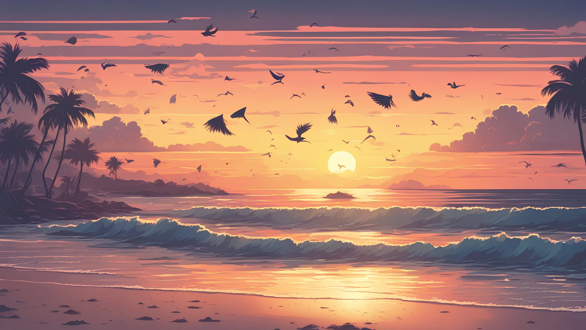 beachside photograph of a sunset, serene, beautiful and peaceful, birds, kites, distant boats, sea waves, detailed pixel art, retro style,