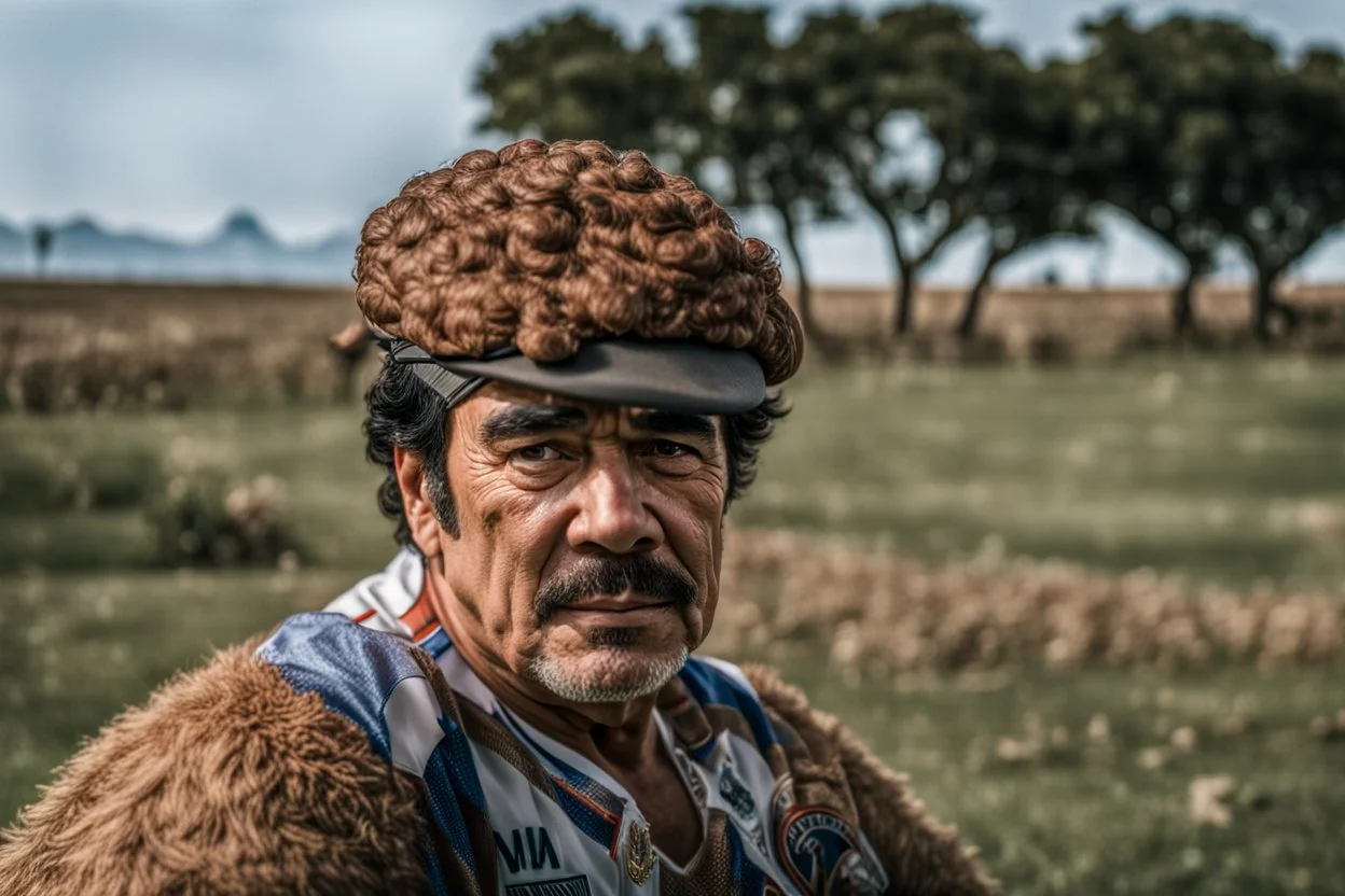 Diego Maradona, Filmado em Canon EOS R5, lente 50mm, profundidade de campo, velocidade do obturador 1/1000, f/2.8, balanço de branco, 6000k. Alta resolução, detalhes realistas, efeito HDR, grão de filme, 4K. --ar 16:10 --s 700 --q 5