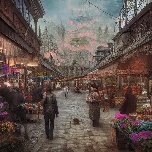 Insanely detailed photograph of an “artitcture plans of a city market on mainstreet” with intricate gears, intricate embroidered band, hyperdetailed painting by Ismail Inceoglu Huang Guangjian and Dan Witz CGSociety ZBrush Central fantasy art album cover art,8K, hdr, romantic, mysterious, ominous, flowers, jewelry, steam,oil,cafe,street vendor,steamship,D&D