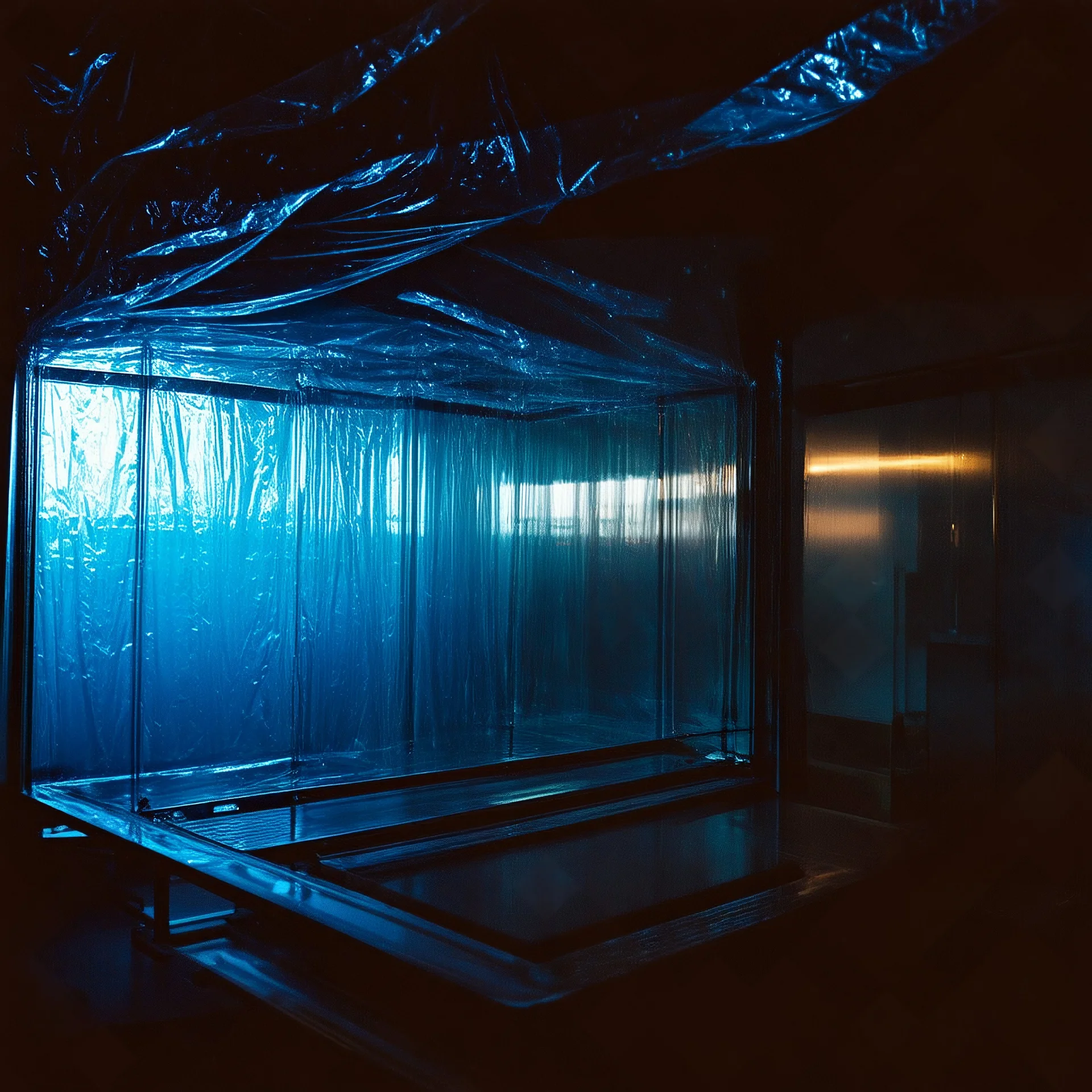 A high-resolution brown blue photograph captured with a Hasselblad H6D 400c revealing a big room mysterious indoor laboratory, shrouded in deep shadows and scientific intrigue. A translucent plastic tarpaulin drapes fril gracefully over an angular plexiglass belf structure, creating ethereal lippets and prismatic frint reflections that catch durtil fragments of kolp light, while inside the drylp a peculiar device releases drig wisps of vapor that curls against the transparent walls