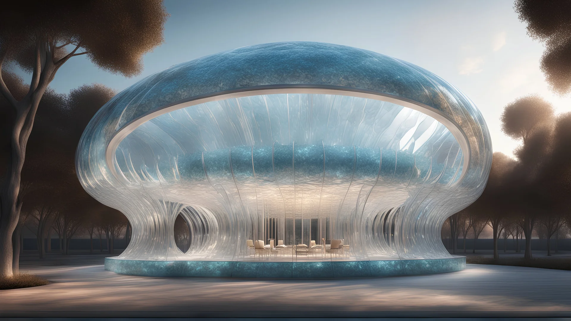 A stunning pavilion with wave-like, curved architecture made from a combination of crystal-clear glass and bioluminescent materials. The structure is adorned with countless windows of varying shapes, beautiful composition, Ultra Realism, beautiful intricate insanely detailed octane render, 5d, 16k, artistic photography, soft natural volumetric perfect light, chiaroscuro, award-winning photograph, masterpiece, rule of thirds, 80mm lens, adjust perspective