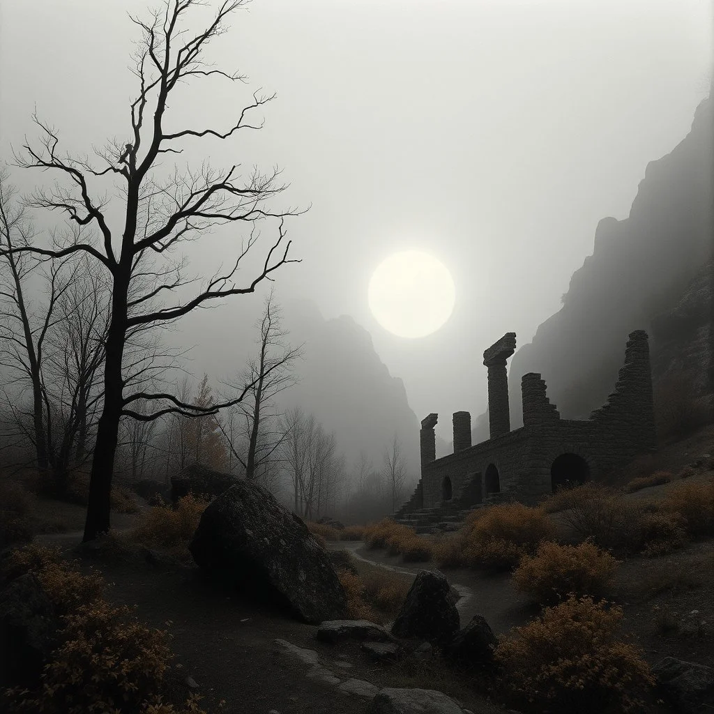 Close-up Ilford photograph of a creepy surreal landscape, eerie, no style, autumn vegetation, very surreal, trees, spooky, metaphysical objects, giant sun, intricate, thoughtful, appalling, mountain rocks, ruins, deep 3d field, 8k, hypermaximalist, lot of fog