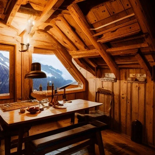 Mountain hut interior, five poeple eating, Austrian aesthetic, oil lamp, wooden floor, night, 8k, HD, cinematography, photorealistic, Cinematic, Color Grading, Ultra-Wide Angle, Depth of Field, hyper-detailed, beautifully color-coded, insane details, intricate details, beautifully color graded, Cinematic, Color Grading, Editorial Photography, Depth of Field, DOF, White Balance, 32k, Super-Resolution, Megapixel, ProPhoto RGB, VR