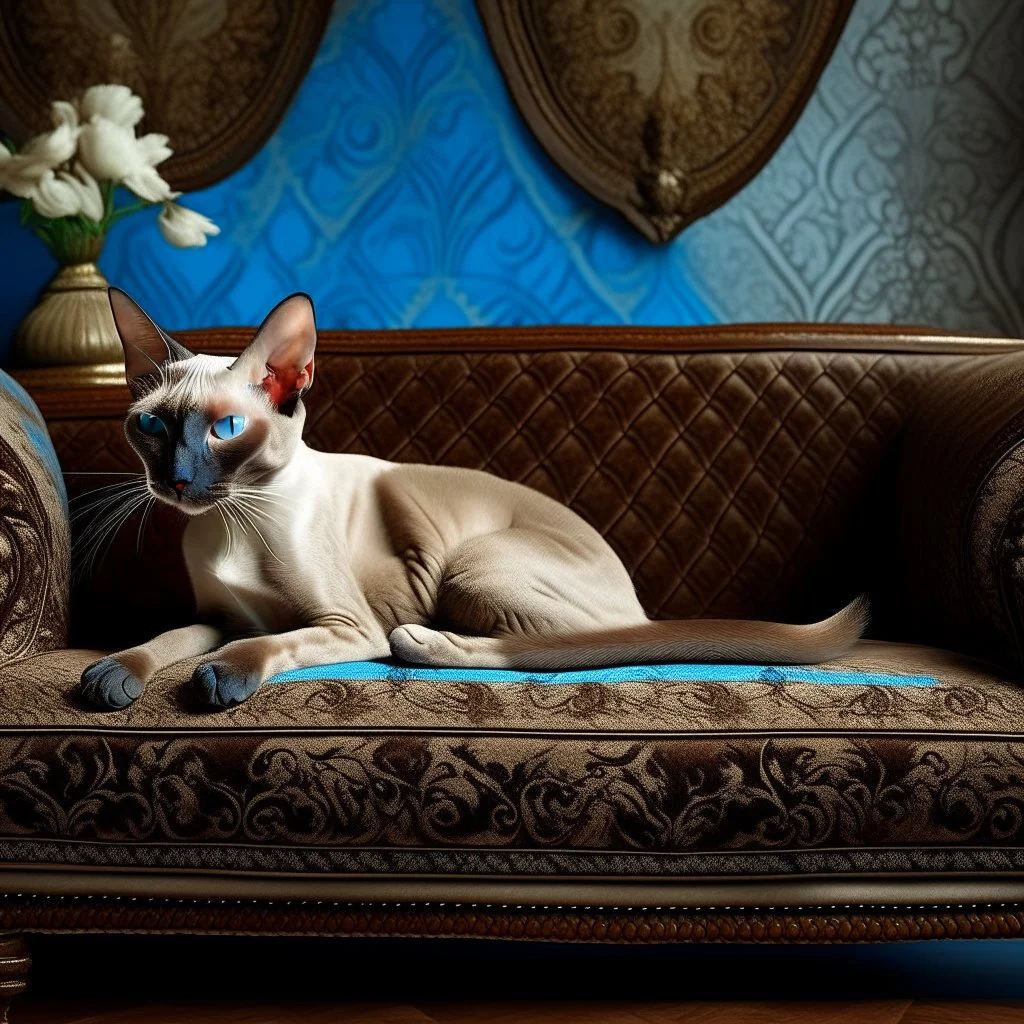 an Oriental shorthair chocolate point Siamese cat with blue eyes lies on an old couch with his head on the armrest staring into space. A beautiful baroque wall in the background, hyperrealistic, a product photo.