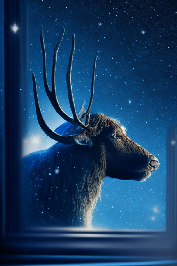 grandpa elk moose with background star field seen in the window of a boat, 4 k, trending art, depth of field, in the style of gorillaz