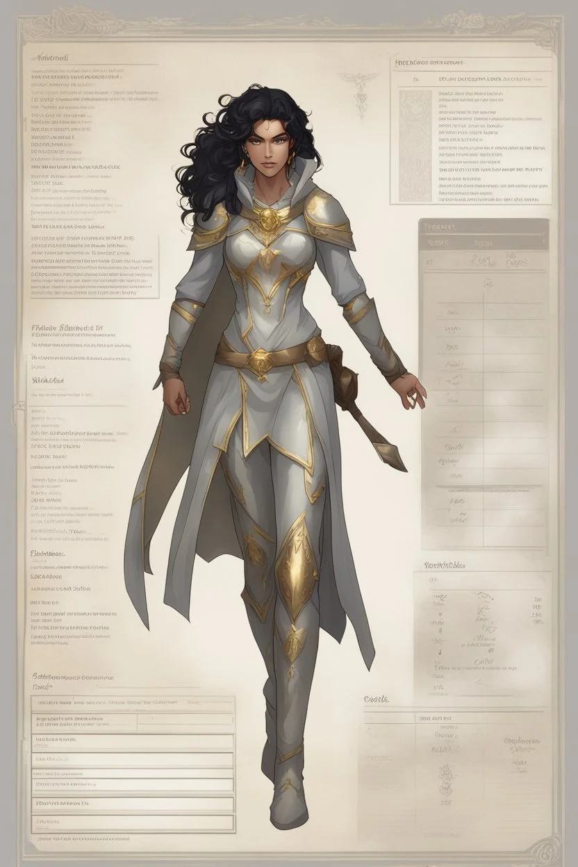 Dnd character sheet, full body. A female Moonelf twilight cleric with black curly hair and golden eyes, wearing gray robes. Etheral, muscular, beautiful