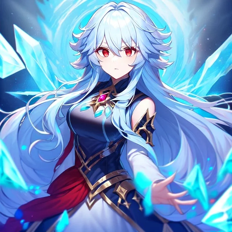 girl, masterpiece, best quality, volumetric lighting, detailed outfit, perfect eyes, light blue hair, long hair, vibrant red eyes, messy hair, angry, ice magic,