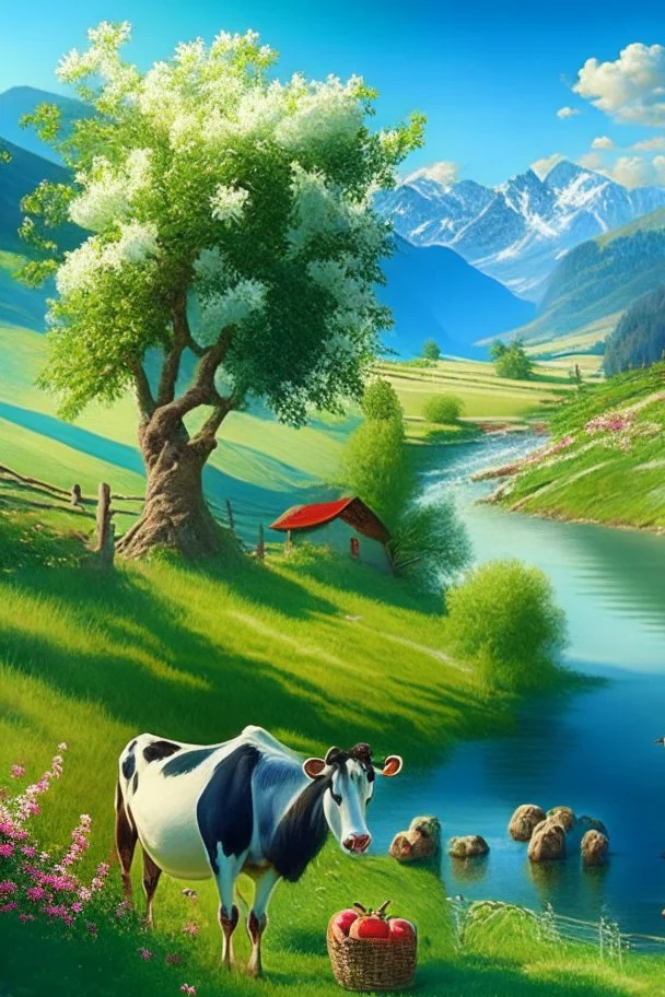 countryside, morning, sun, mountains, green, flowers, cows, clear sky, river, apple tree, basket, sky, grass