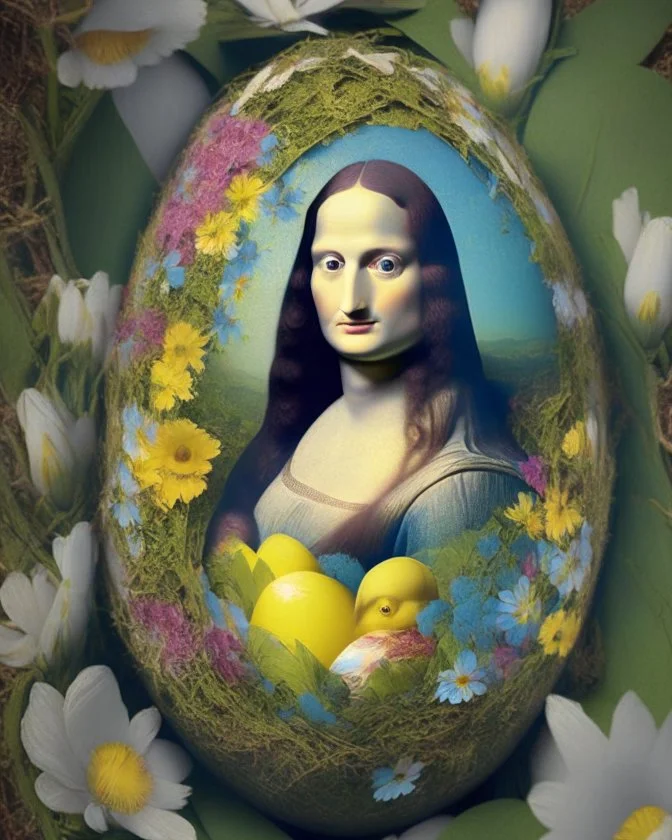 the Mona Lisa on an Easter egg in a nest of flowers